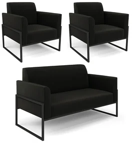 Sofá Namoradeira com 2 Poltronas Base Industrial Alta Preto Marisa Suede Preto D03 - D'Rossi