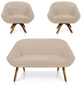Kit 01 Namoradeira 02 Lugares e 02 Poltronas Giratória Giovana Suede Bege Base Madeira MM30 - D'Rossi