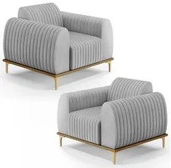 Kit 2 Poltronas Decorativas Base Gold Molino D06 Linho D-315 Cinza  -