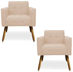 Kit 2 Poltronas Decorativas Pés Palito Karen Linho Bege G19 - Gran Belo