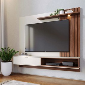 Painel TV 65 Pol 180cm Bancada Suspensa Zurique C04 - D'Rossi - Off White e Nogueira Real