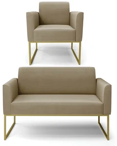 Sofá Namoradeira com Poltrona Base Industrial Dourado Marisa Suede D03 - D'Rossi - Marrom Rato