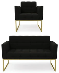 Kit 1 Sofá Namoradeira e 1 Poltrona Elisa Suede Preto Base Metálica Industrial Dourado - D'Rossi