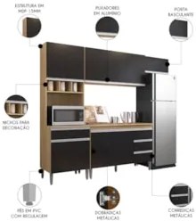 Cozinha Modulada 4 Peças Balcão com Tampo 120cm Andréia Amêndoa/Preto