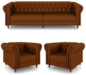 Conjunto Sala de Estar 1 Sofá Living 260cm e 2 Poltronas Stanford Chesterfield Pés Madeira Couro Caramelo G58 - Gran Belo