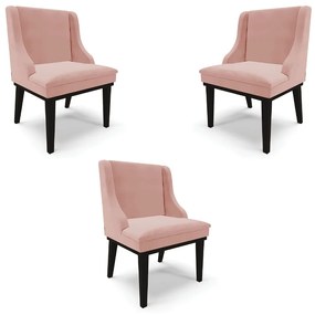 Kit 3 Cadeiras Decorativas Sala de Jantar Base Fixa de Madeira Firenze Veludo Rosê/Preto G19 - Gran Belo