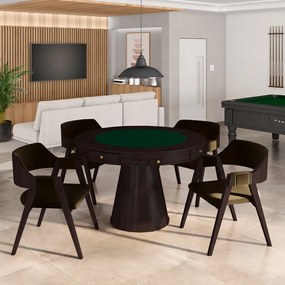 Conjunto Mesa de Jogos Carteado Bellagio Tampo Reversível e 4 Cadeiras Madeira Poker Base Cone Veludo Marrom/Tabaco G42 - Gran Belo