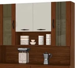 Armário de Cozinha Compacta 121cm Bruna K02 Nogueira/Off White/Ripado