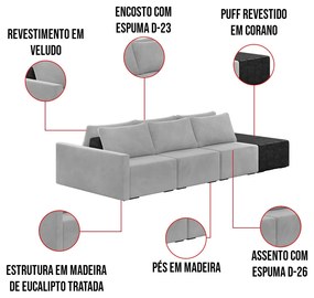 Sofá Ilha 3 Lugares Living 372cm Modulado Sala Lary Veludo/PU Pto K01 - D'Rossi - Cinza