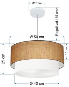 Lustre Pendente Duplo Cilíndrico Vivare Md-4351 Cúpula em Tecido 50x40cm - Bivolt