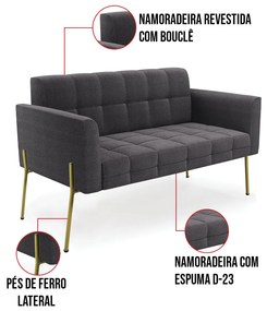 Namoradeira e 2 Poltronas Pé de Ferro Dourado Elisa Bouclê D03 - D'Rossi - Grafite