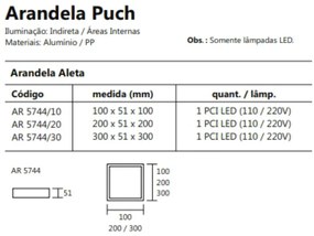 Arandela Puch Quadrada Interna 1Xpci Led 5W 30X5X30Cm | Usina 5744/30 (MT-M - Mate Metálico, 110V)