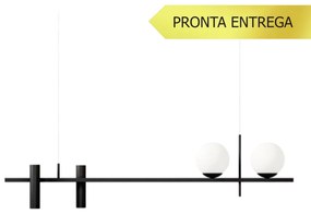 Pendente Tub Mix Double Retângular 100X12Cm Tubo Móvel Alumínio E Glob... (PRETO, FOSCO)