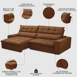 Sofá Retrátil Reclinável 3 Lugares 250cm Damy F05 Veludo Terracota - M