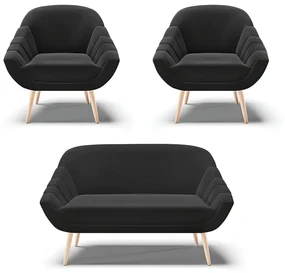 Kit 01 Namoradeira 02 Lugares e 02 Poltronas Giovana Suede Pés Palito Natural - D'Rossi - Preto