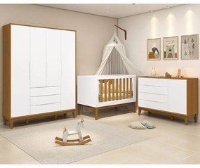 Kit Quarto Infantil com Pés Square Mel - Cômoda Elfe 4 Gavetas e 1 Porta + Guarda-Roupa Elfe + Berço Mini Cama Noah - Branco Fosco e Savana