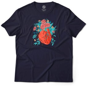 Camiseta Unissex Coração Florido de Amor - Azul Marinho - P