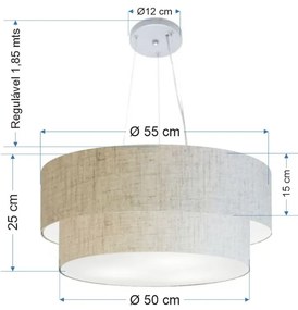 Lustre Pendente Duplo Cilíndrico Vivare Md-4370 Cúpula em Tecido 55x50cm - Bivolt - Rustico-Bege - 110V/220V