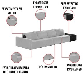 Sofá Ilha 4 Lugares Living 512cm Modulado Sala Lary Veludo Cinza/PU Pto K01 - D'Rossi