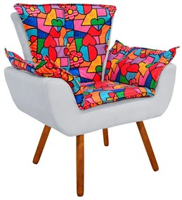 Poltrona Opala Romero Britto D15 e Suede Cinza Pés Palito Castanho D'Rossi