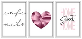 Kit 03 Quadros Decorativos "Pink Heart"  43x33 cm - D'Rossi