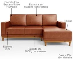 Sofá 3 Lugares 200cm Living Com Chaise Direito Sala de Estar Kayrós D0