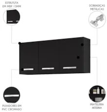 Armários de Cozinha Aéreo 3 Portas 120cm Kit 2 Honduras Preto - Lumil