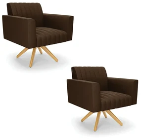 Kit 2 Poltronas Giratória Viena Gomada Suede Marrom Base de Madeira MA30 - D'Rossi