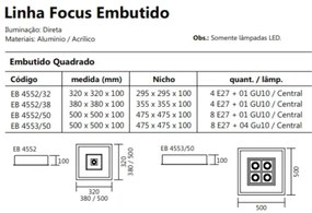 Luminária De Embutir Focus Quadrado C/ Aba 4Xe27 + 1Xmr16 32X32X10Cm |... (ND-B - Nude Brilho)