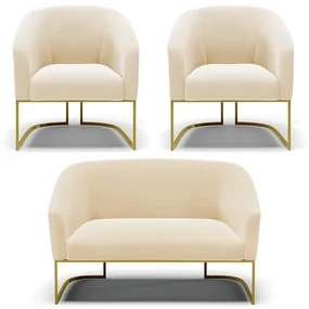 Namoradeira e 2 Poltronas Base Industrial Dourado Stella Suede D03 - D'Rossi - Bege