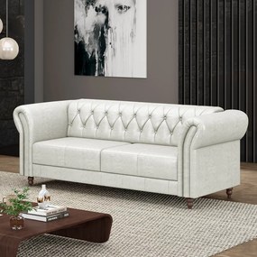 Sofá Living Sala de Estar Stanford Chesterfield 2 Lugares 200cm Pés de Madeira Couro Branco Manchado G58 - Gran Belo