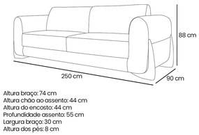 Sofá 3 Lugares Base de Madeira Clarissa 250 cm Linho S04 - D'Rossi - Grigio