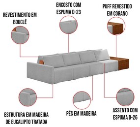 Sofá Ilha 4 Lugares Living 432cm Modulado para Sala Lary Bouclê Cinza Claro K01 - D'Rossi