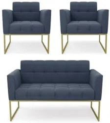 Sofá Namoradeira e 2 Poltronas Base Industrial Dourado Ana Suede Azul