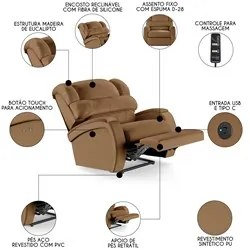 Poltrona do Papai Reclinável Kalie Power Touch Massagem FH9 PU Caramel