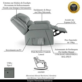 Poltrona do Papai Reclinável Melim Glider Giratória USB Sintético PU F FH1 - D'Rossi - Cinza