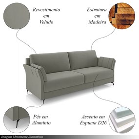 Sofá Decorativo Violet 3 Lugares 223cm Pés em Alumínio Preto Veludo Cinza G45 - Gran Belo