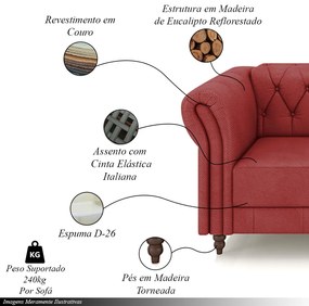 Conjunto de Sofá Sala de Estar Stanford Chesterfield 2 e 3 Lugares 180cm/240cm Pés Madeira Couro Vermelho G58 - Gran Belo