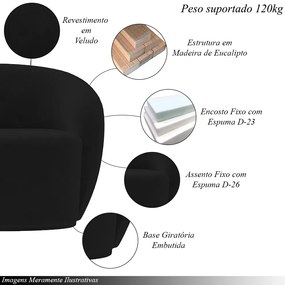 Conjunto 1 Sofá Living 180cm e 1 Poltrona Decorativa Sala de Estar Íbis Encosto Fixo Veludo Preto G33 - Gran Belo