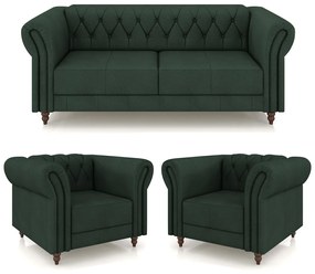 Conjunto Sala de Estar 1 Sofá Living 200cm e 2 Poltronas Stanford Chesterfield Pés Madeira Couro Verde G58 - Gran Belo