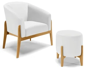 Poltrona com Puff Base de Madeira Stella Sintético D03 - D'Rossi - Branco