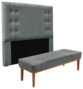 Cabeceira Cama Box Solteiro 90cm e Recamier Gênova Veludo S04 - D'Rossi - Cinza