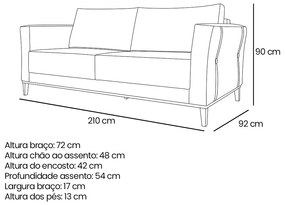 Sofá 3 Lugares Base de Madeira Grace 210 cm Linho Natural S04 - D'Rossi