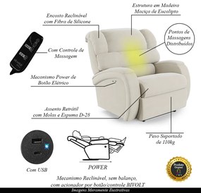 Poltrona do Papai Reclinável Napoli Power Touch Massagem Veludo Bege FH1 - D'Rossi