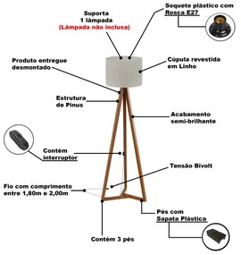 Luminária De Chão Tripé Classic Com Cúpula Abajur Off White/Nature – Tebarrot Móveis