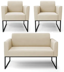 Sofá Namoradeira com 2 Poltronas Base Industrial Preto Marisa Suede Bege D03 - D'Rossi
