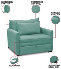 Poltrona Cama Retrátil Solteiro com Rodízio Cloe Bouclê E03 - D'Rossi - Azul Turquesa