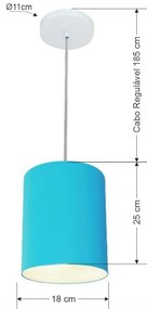 Kit/2 Lustre Pendente Cilíndrico Md-4012 Cúpula em Tecido 18x25cm Azul Turquesa - Bivolt