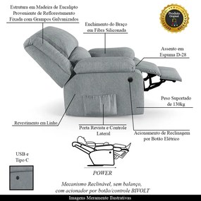 Poltrona do Papai Reclinável Melim Controle Power Elétrico USB Linho Cinza FH1 - D'Rossi