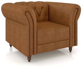 Poltrona Decorativa Sala de Estar Stanford Chesterfield Pés de Madeira Couro Mel Manchado G58 - Gran Belo